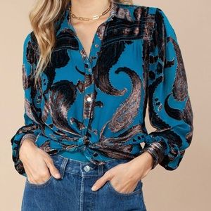 Hale Bob Women’s Dina Silk Velvet Burnout Top Teal Blue (Blouse Only) Size XS